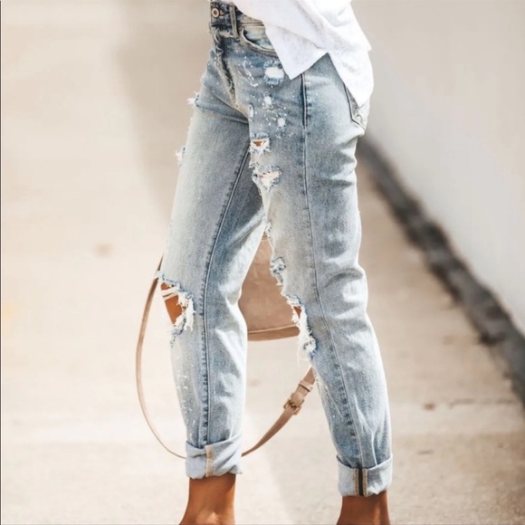 Brand New Distressed Denim Jeans Paint Splatter Relaxed Fit Boyfriend - Picture 7 of 10